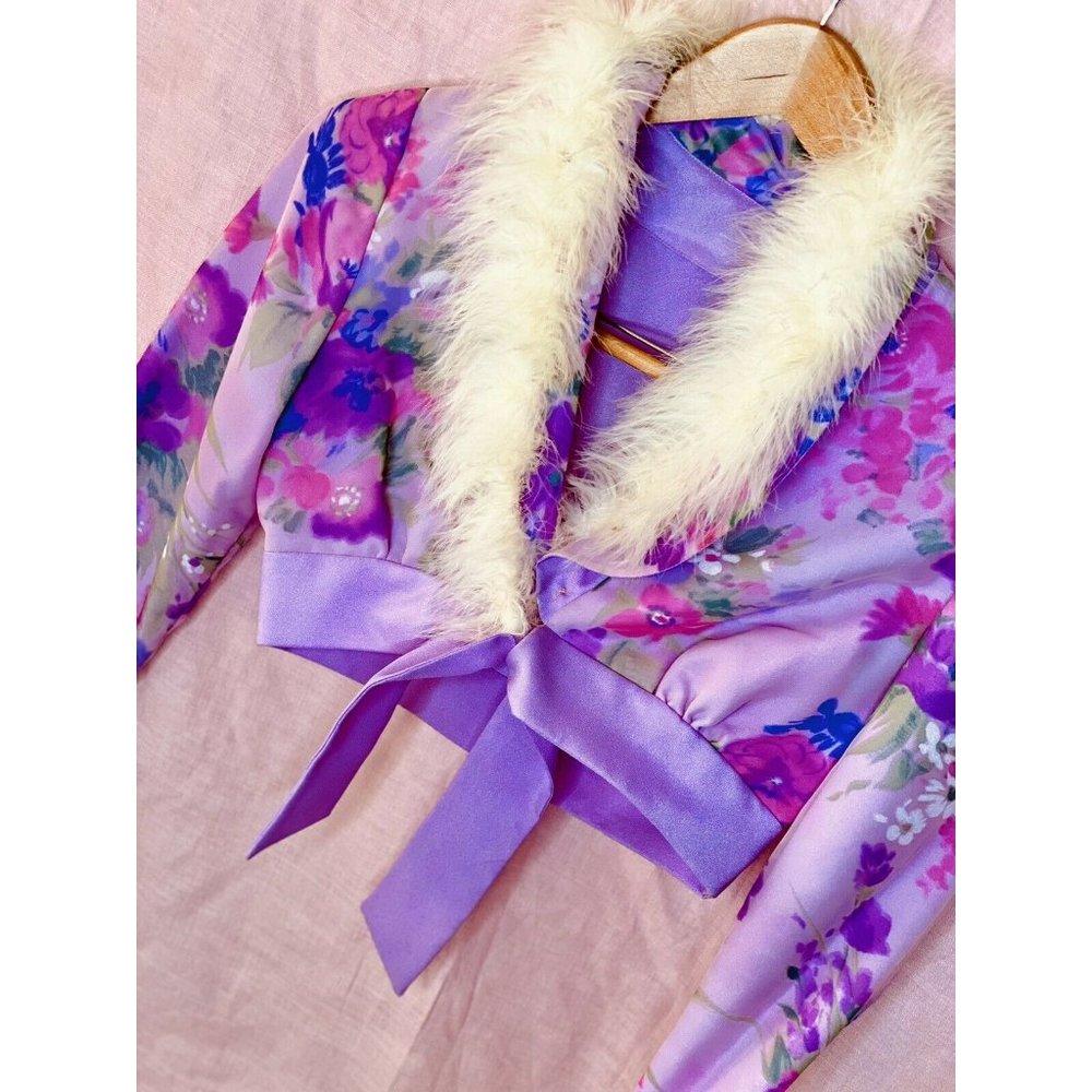 Vintage Handmade Sewn Feather Collar Crop Top Pink Floral Tie Go Go Lavender Mod